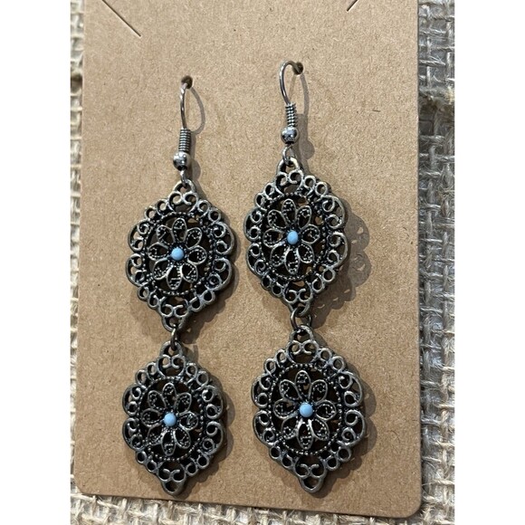 Vintage Antique Silver Dangle Drop Earrings Victorian Revival - Picture 3 of 6